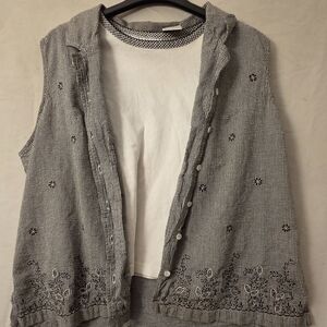 White Sleeveless Embellished Blouse with Gingham Pattern